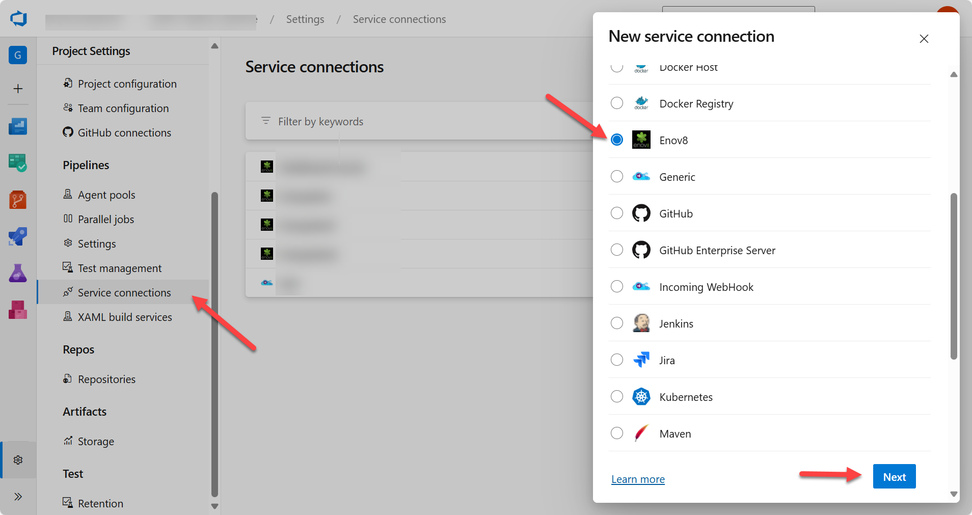 Enov8 Service connection