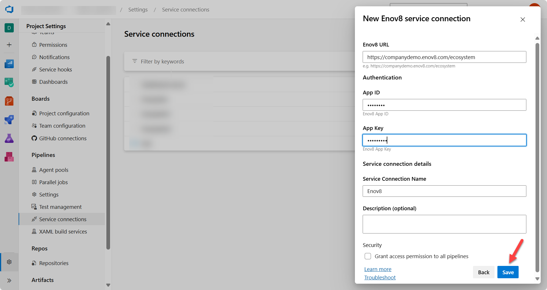 Enov8 Service connection